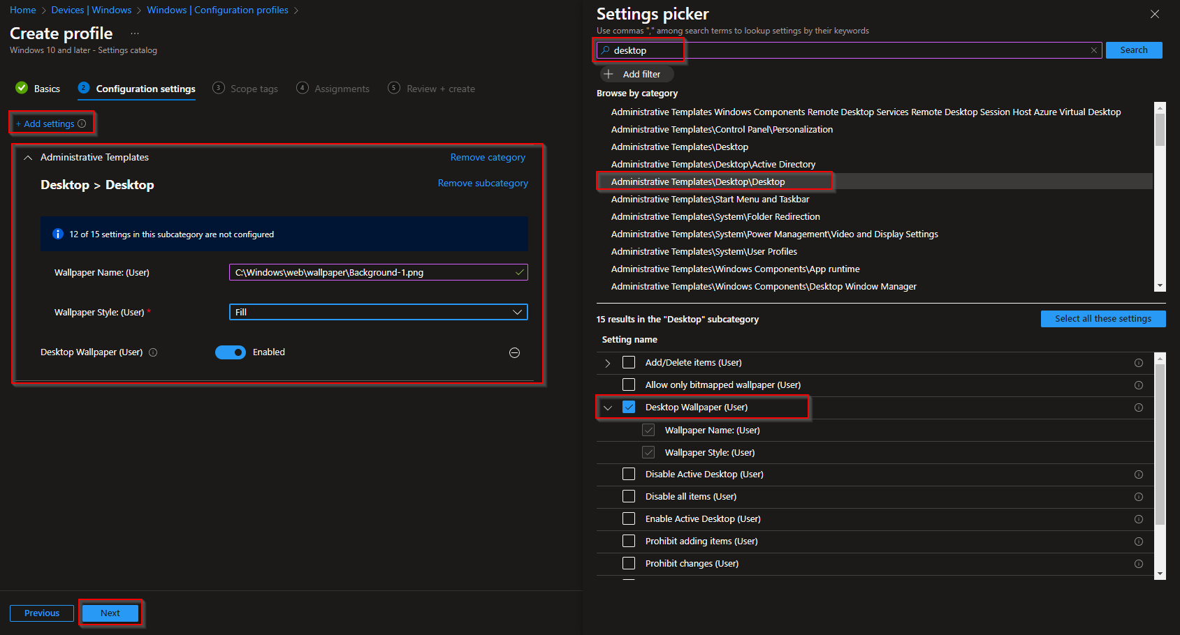 Review and create the configuration profile
